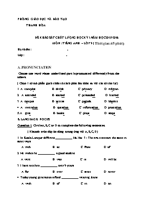 Đề khảo sát chất lượng học kỳ I môn Tiếng Anh Lớp 9 - Phòng GD & ĐT Hoàng Mai (Có đáp án)